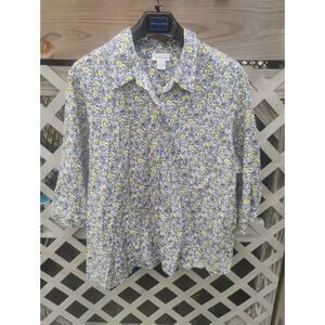 Plus Size 26/28 Floral Cotton Button Down Shirt Blue Daisy Print Top Boho Hippie